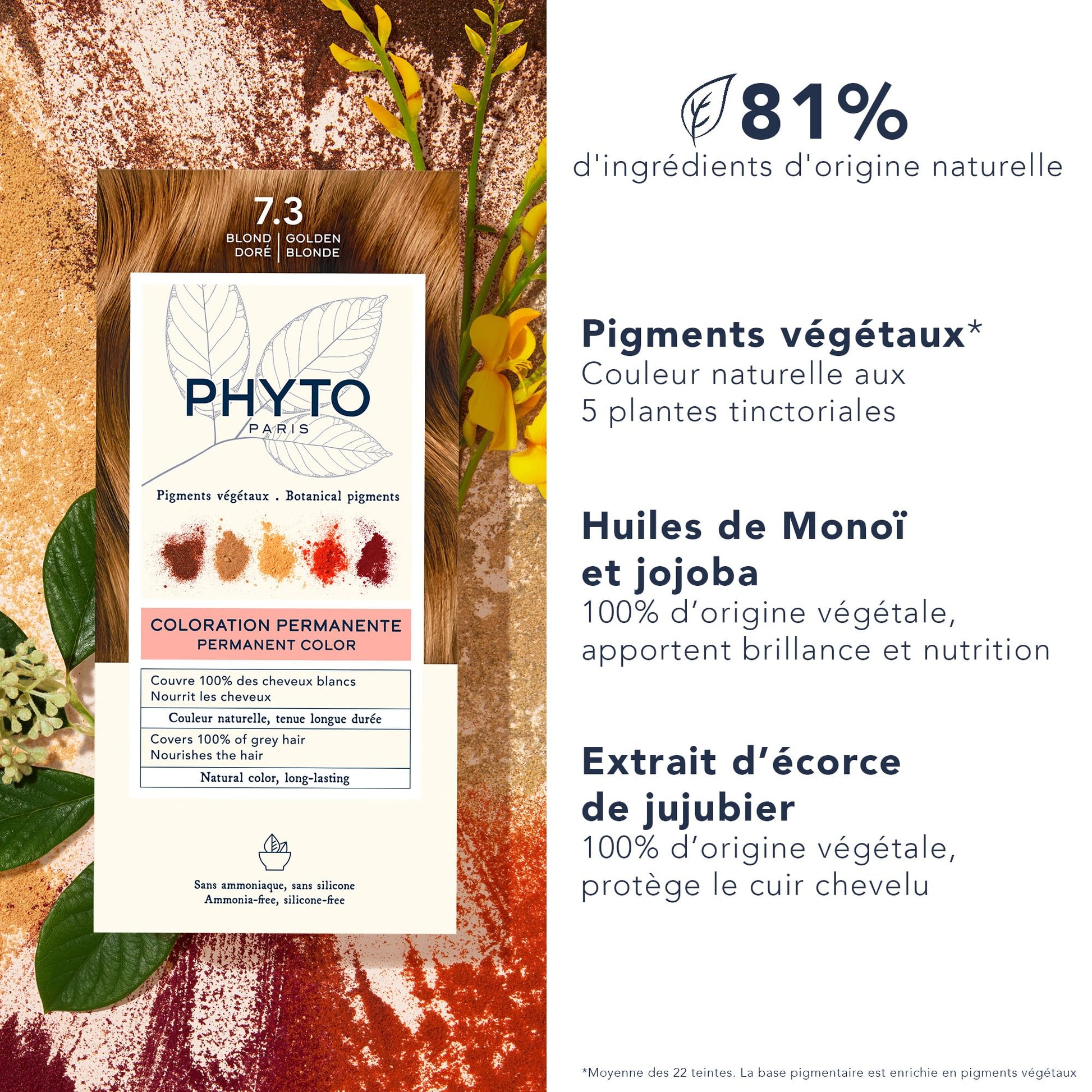 White Smoke PHYTO Phytocolor Permanent Hair Color, 7.3 Golden Blonde, with Botanical Pigments, 100% Grey Hair Coverage, Ammonia-free, PPD-free, Resorcin-free, 0.42 oz.