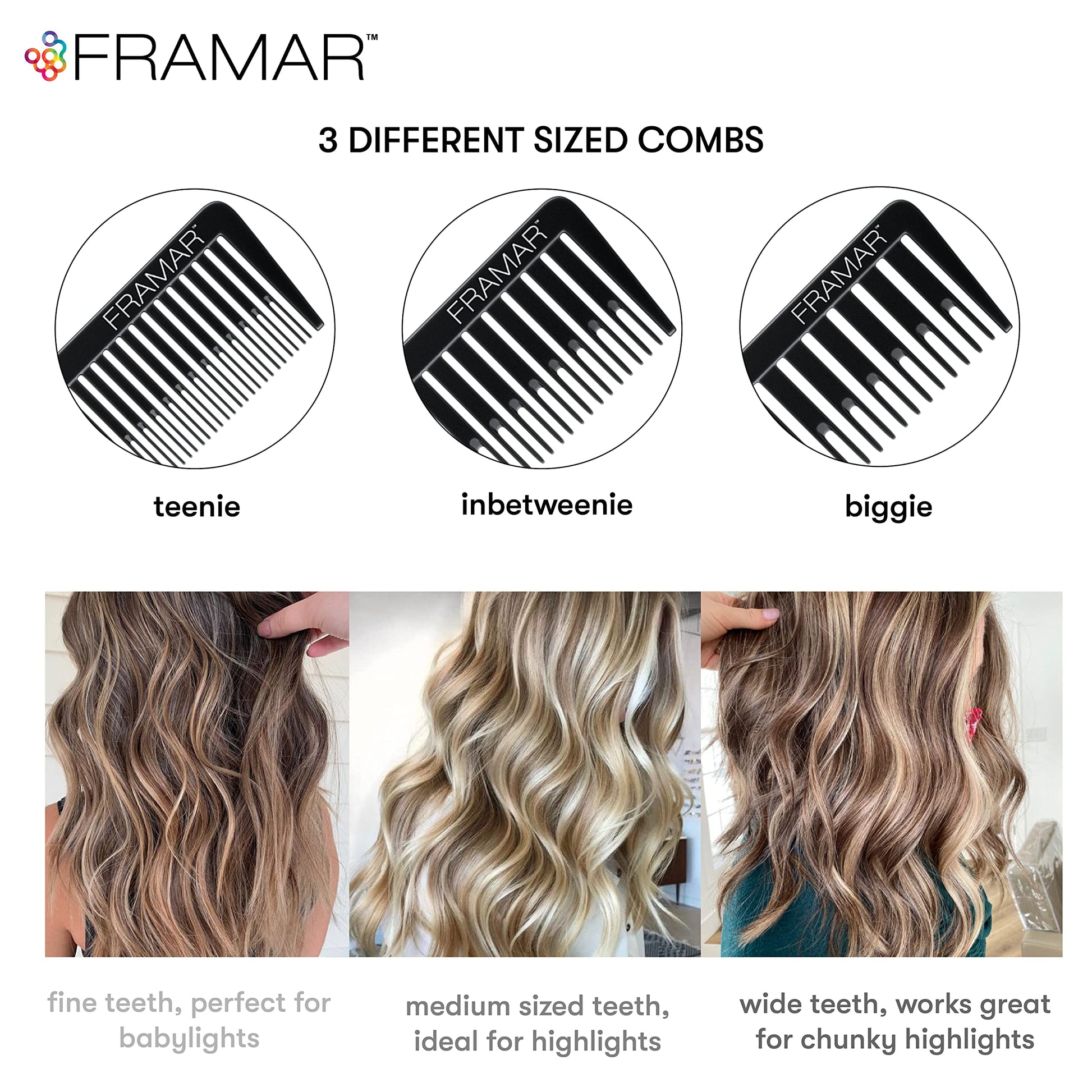 White Smoke FRAMAR Dreamweaver Highlight Comb Set - Professional Highlighting Comb With Parting Tip, Foiling Combs For Highlighting, Highlight Combs For Highlighting – 3 Pack Black
