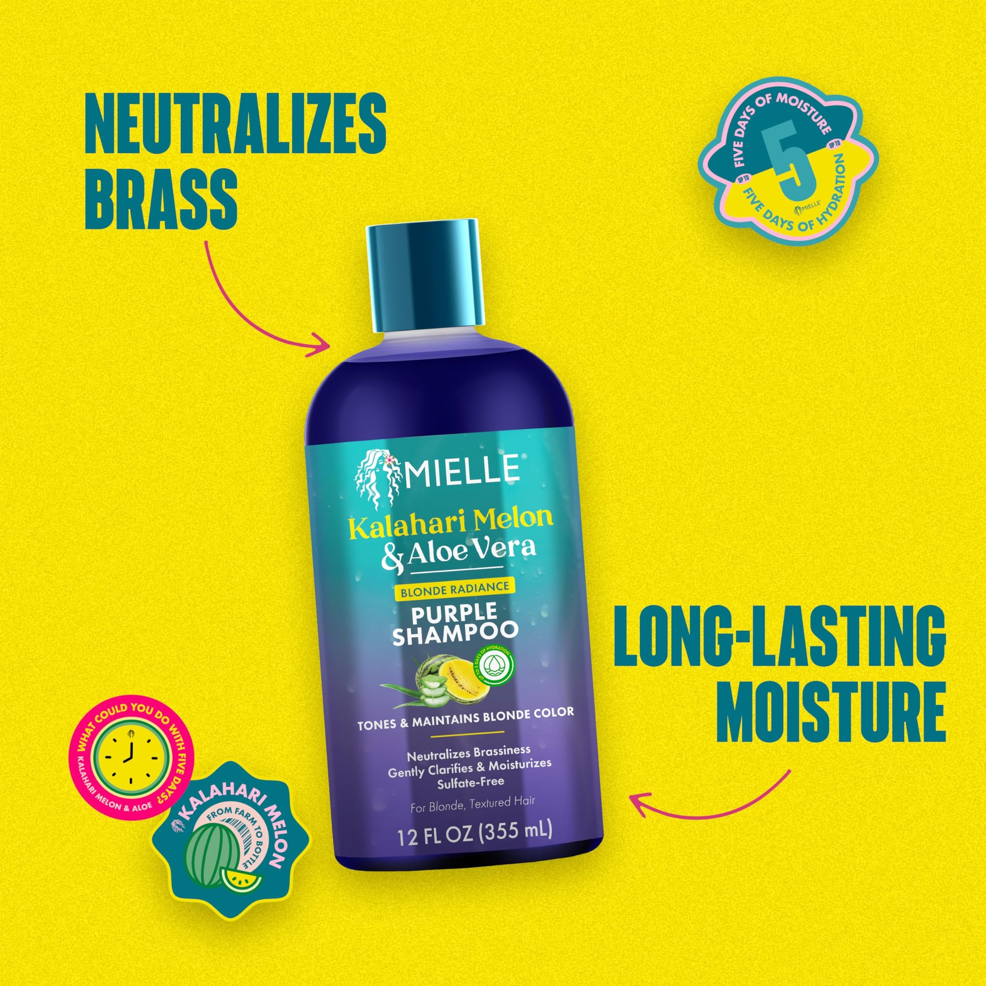 Gold Mielle Kalahari Melon & Aloe Vera Purple Shampoo, Blonde Radiance Toning Shampoo for Brassy Hair, Sulfate-Free Moisturizing Cleanser for Blonde & Textured Hair, 12 Ounce