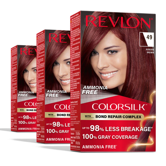White Smoke Revlon ColorSilk with Bond Repair Complex, Auburn Permanent Hair Color, 100% Gray Coverage, Ammonia Free Hair Dye, Vegan Keratin, 49 Auburn Brown (Pack of 3)
