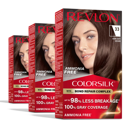 White Smoke Revlon ColorSilk with Bond Repair Complex, Brown Permanent Hair Color, 100% Gray Coverage, Ammonia Free Hair Dye, Vegan Keratin, 33 Dark Soft Brown (Pack of 3)