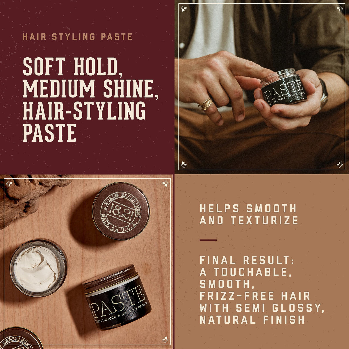 Sienna 18.21 Man Made Hair Styling Product, 2oz. Original Sweet Tobacco Scent in Paste with Natural Shine Finish