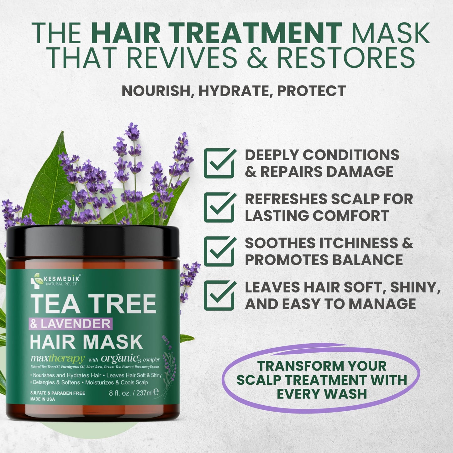 Lavender KESMEDIK Tea Tree Hair Mask with Rosemary & Lavender, Deep Conditioning Treatment for Dry, Damaged, Coarse Hair, Hydrating Hair Mask with Itchy Scalp Relief, Men & Women, Sulfate-Free