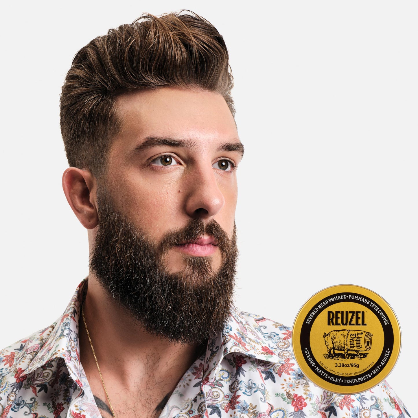White Smoke REUZEL and Liquid Death Severed Head Matte Clay Pomade, Strong All Day Hold, Water Soluble, Matte Finish and Non-Greasy Formula, Easy To Wash Out, For All Hair Types, 3.38 oz