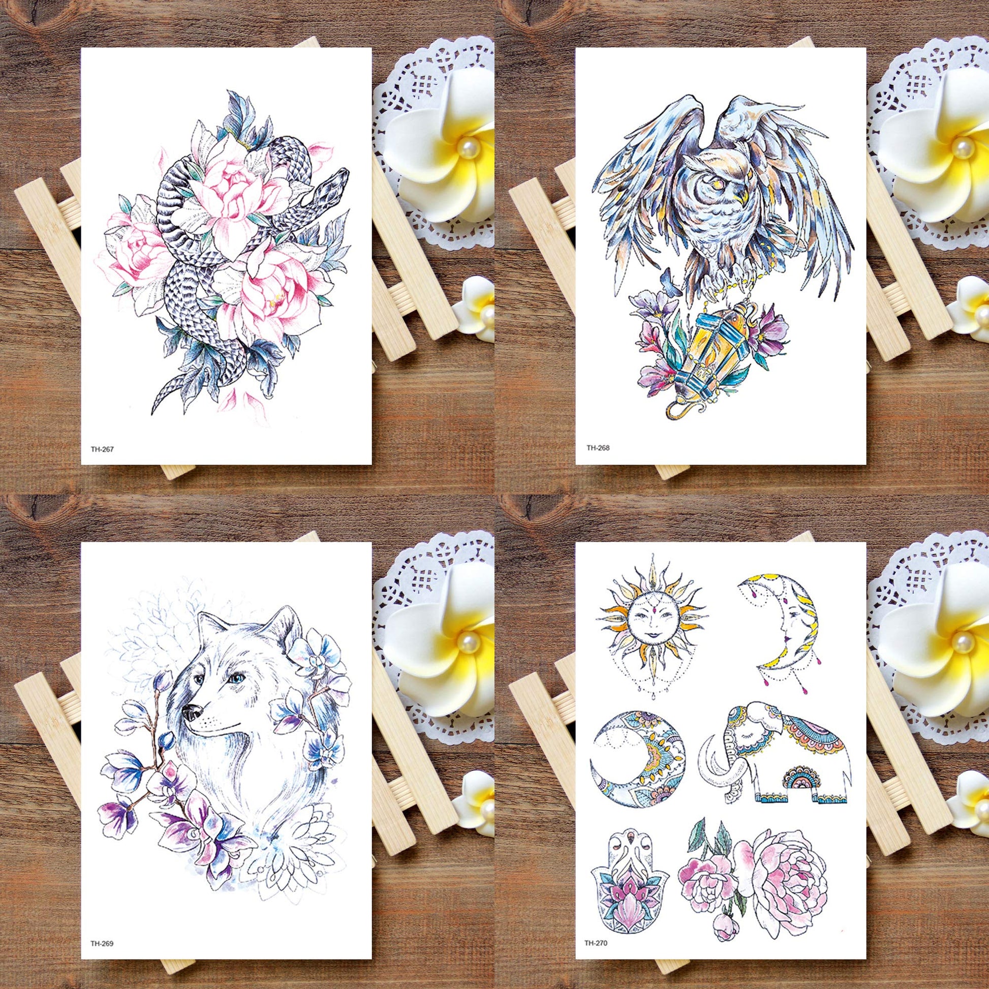 White Smoke Oottati 12 Sheets Fairy Tales Animal Temporary Tattoo Kit - 21x15cm Pink Unicorn Swan Bird Deer Elf Wolf Owl Eagle Tree Elephant Moon Sun Totem Flower Arm