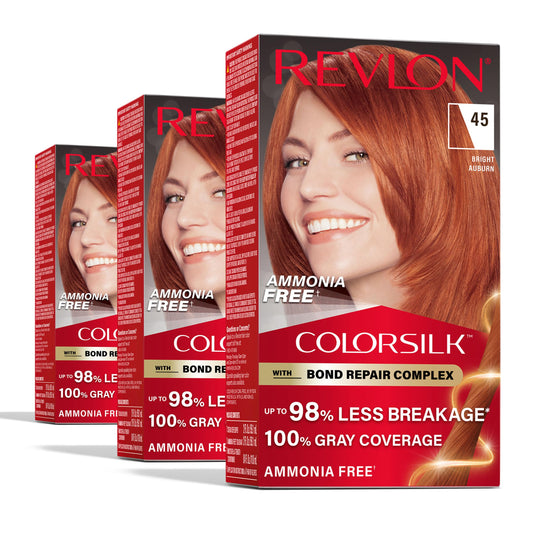 White Smoke Revlon ColorSilk with Bond Repair Complex, Permanent Hair Color, 100% Gray Coverage, Ammonia Free Dye, Vegan Keratin, 45 Bright Auburn, 3 pack
