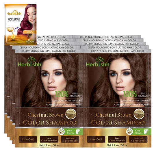 White Smoke Herbishh Gray Hair Color Shampoo - Natural Argan Mask for Long-Lasting Color in Minutes - Travel Size, 10 Pack + 1 Pack, Ammonia-Free (Chestnut Brown)