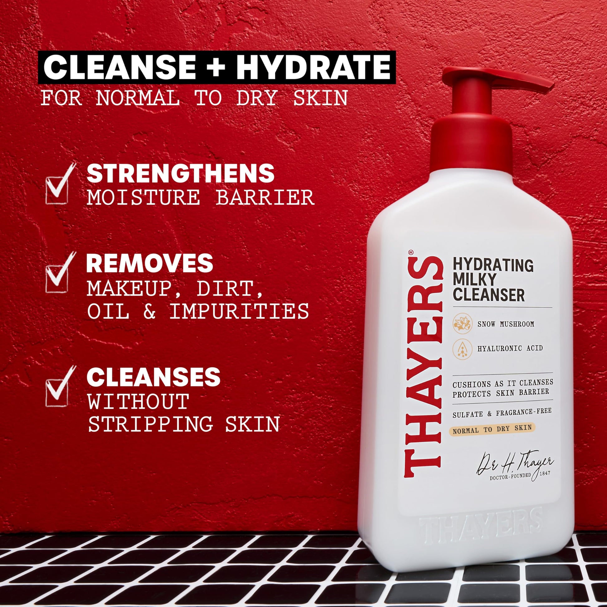 Dark Red Thayers Milky Hydrating Face Cleanser with Snow Mushroom and Hyaluronic Acid, Dermatologist Recommended Gentle Facial Wash and Hydrating Skincare for Dry and Sensitive Skin, Paraben Free, 8 Fl Oz