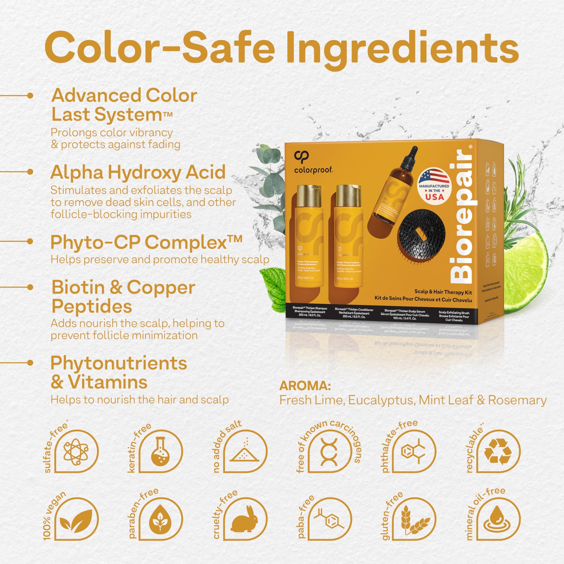 Antique White Colorproof Biorepair Thicken Scalp & Hair Therapy Kit — Includes Shampoo (8.5 Fl. Oz.) and Conditioner (8.5 Fl. Oz.) Scalp Serum (3.4 Fl. Oz.) with Exfoliating Scalp Brush for Thinning Hair