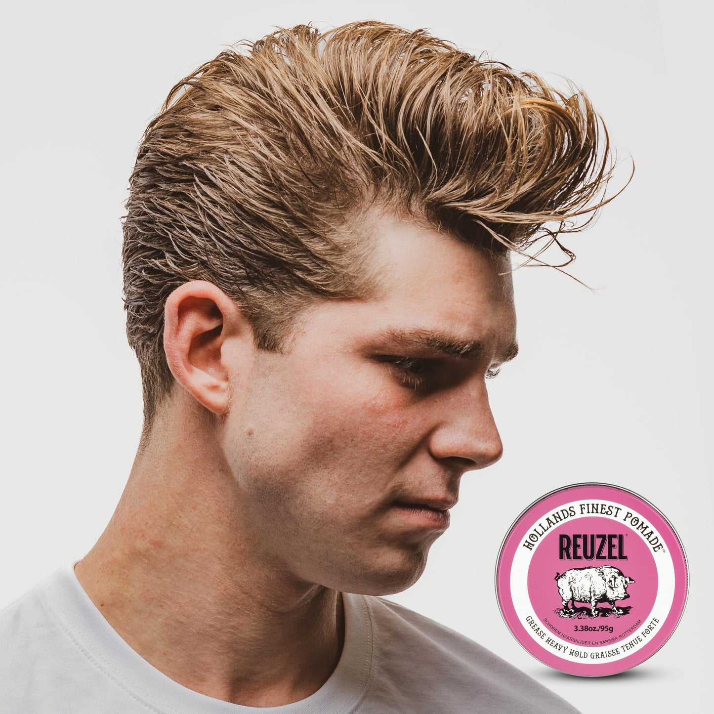 Lavender REUZEL Pink Grease Pomade, Strong All Day Hold, Oil-Based Styling Wax, Medium Shine, Easy To Wash Out, For All Hair Types
