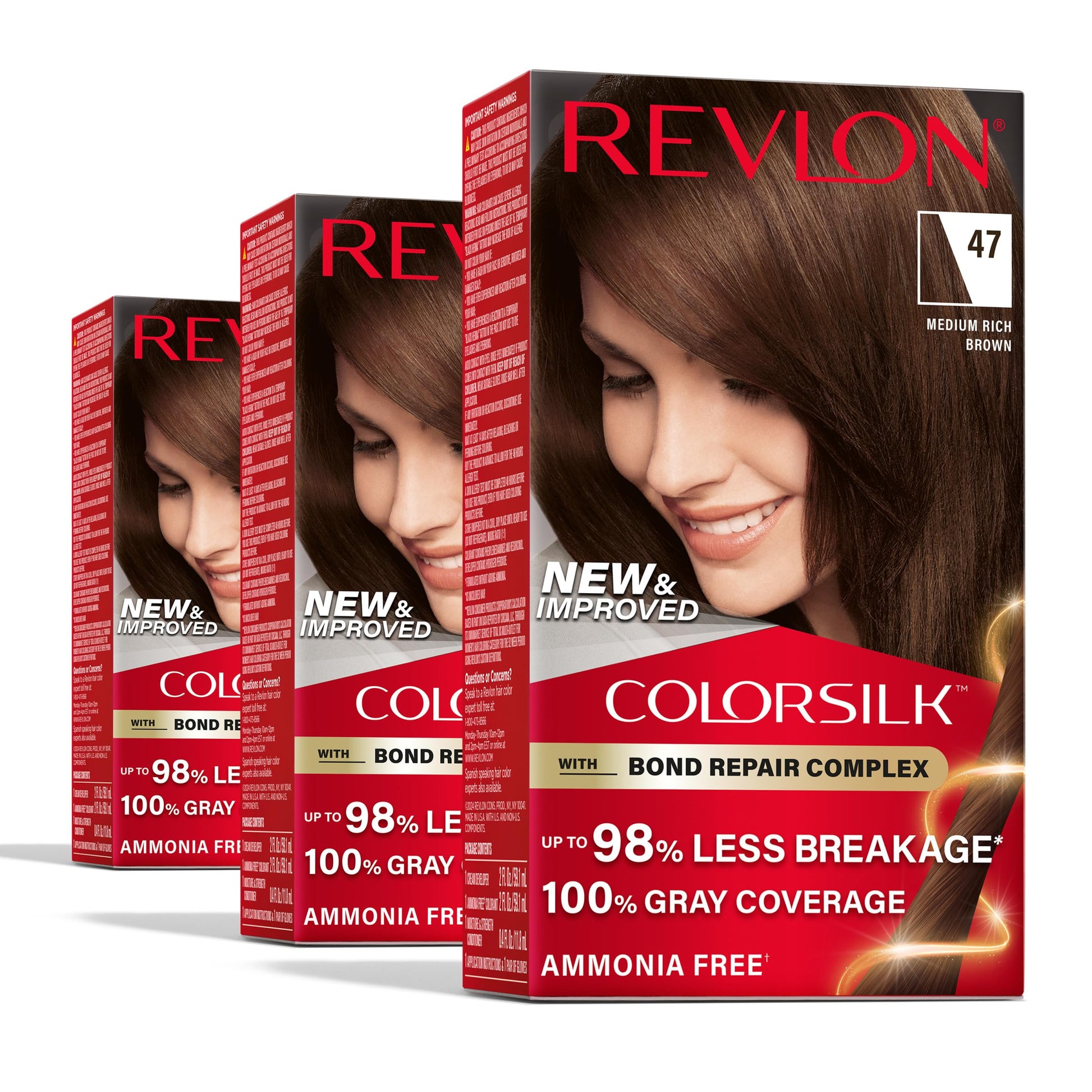 White Smoke Revlon ColorSilk with Bond Repair Complex, Brown Permanent Hair Color, 100% Gray Coverage, Ammonia Free Hair Dye, Vegan Keratin, 47 Medium Rich Brown (Pack of 3)