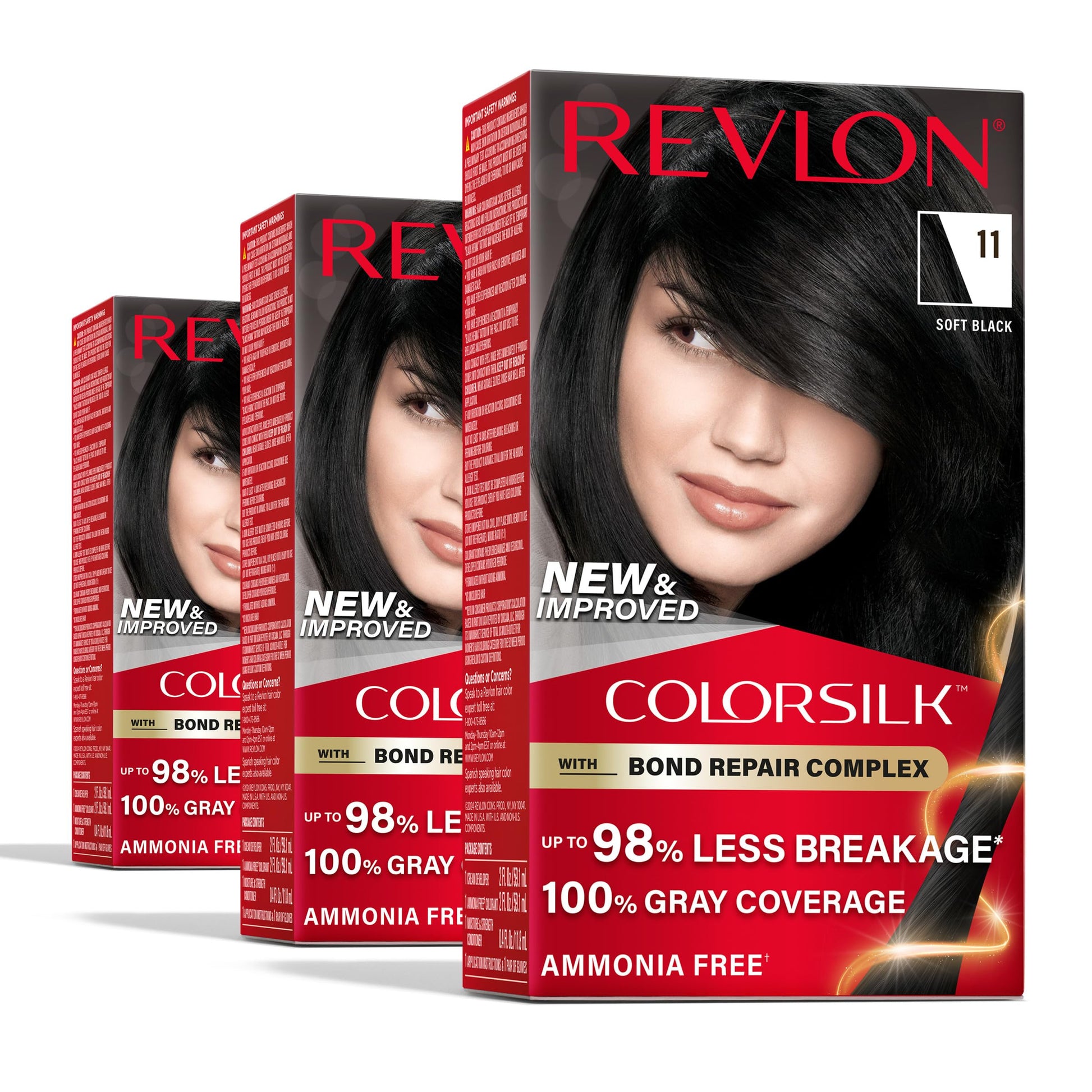 White Smoke Revlon ColorSilk with Bond Repair Complex, Black Permanent Hair Color, 100% Gray Coverage, Ammonia Free Hair Dye, Vegan Keratin, 11 Soft Black (Pack of 3)