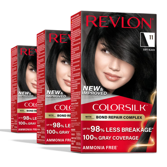 White Smoke Revlon ColorSilk with Bond Repair Complex, Black Permanent Hair Color, 100% Gray Coverage, Ammonia Free Hair Dye, Vegan Keratin, 11 Soft Black (Pack of 3)