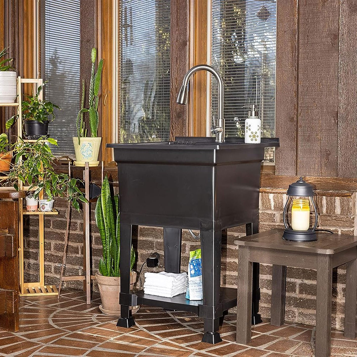 Dim Gray UTILITYSINKS Freestanding Utility Tub Sink with Quick Connect Drain, 24 x 24", Black - Portable and Compact Sink with Faucet for Outdoor Kitchen, Laundry Room, Garage, and Basement