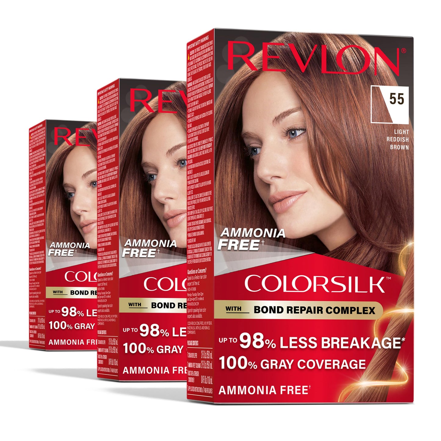 White Smoke Revlon ColorSilk with Bond Repair Complex, Red Permanent Hair Color, 100% Gray Coverage, Ammonia Free Hair Dye, Vegan Keratin, 55 Light Reddish Brown (Pack of 3)