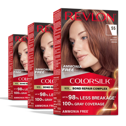 White Smoke Revlon ColorSilk with Bond Repair Complex, Red Permanent Hair Color, 100% Gray Coverage, Ammonia Free Hair Dye, Vegan Keratin, 55 Light Reddish Brown (Pack of 3)