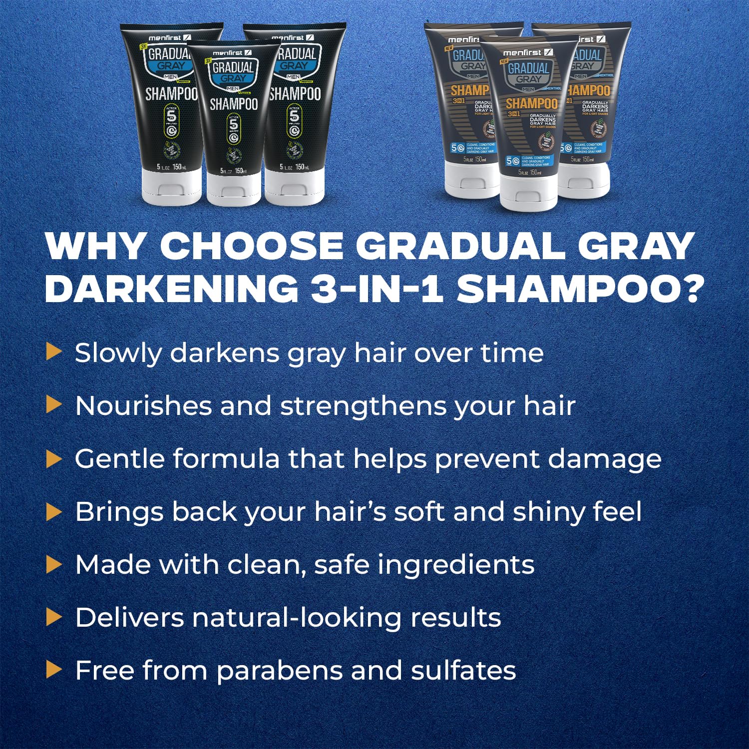 Midnight Blue MENFIRST Gray Reducing Shampoo for Men – Hair Darkening Shampoo, Anti Grey Hair Color Restoring Treatment, Harsh Chemical-Free - For Light Brown to Blonde Shades – 5 oz