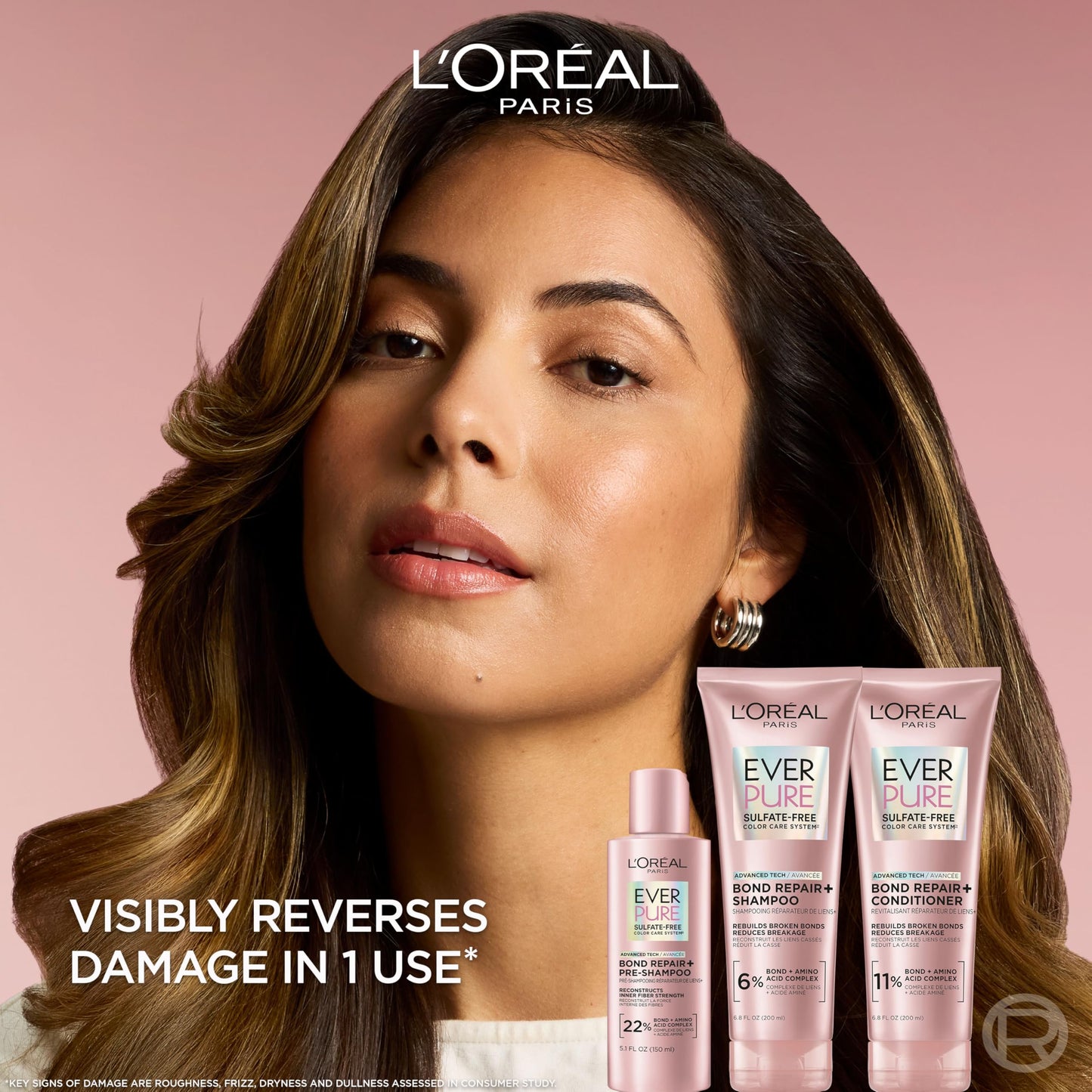 Tan L'Oreal Paris Sulfate Free Bond Repair+ Shampoo, Hair Shampoo with Amino Acid Complex, Strengthens and Repairs Damaged or Color Treated Hair, EverPure, 23 Fl Oz (Packaging May Vary)