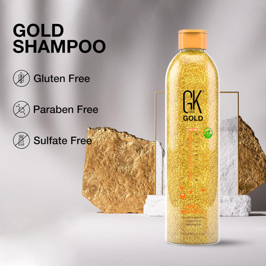 Light Gray GK HAIR Gold Shampoo 8.5 Oz Hydrating Hair Cleanser with Aloe Vera and Shea Butter for Dry Damaged Hair Frizz Control Smooth Soft Shine Wild Orchid Fragrance