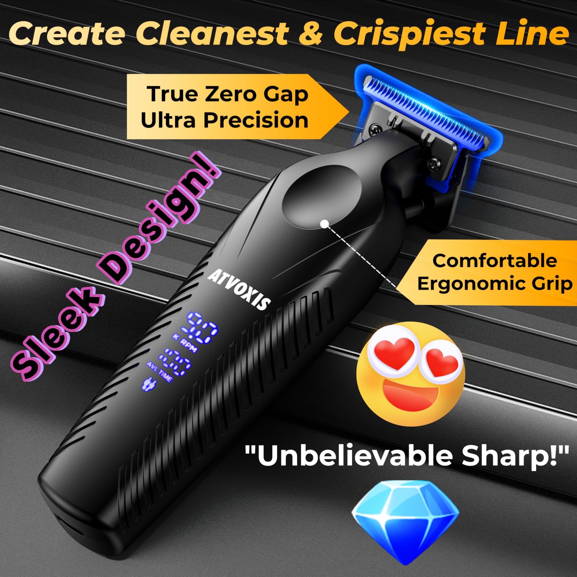 Black ATVOXIS Zero Gap 9,000 RPM Brushless Professional T Blade Trimmer for Men: Cordless Hair/Beard Clipper Edger Liner Outliner with LED Display 300min Runtime Fast Charging Stand Travel Pouch