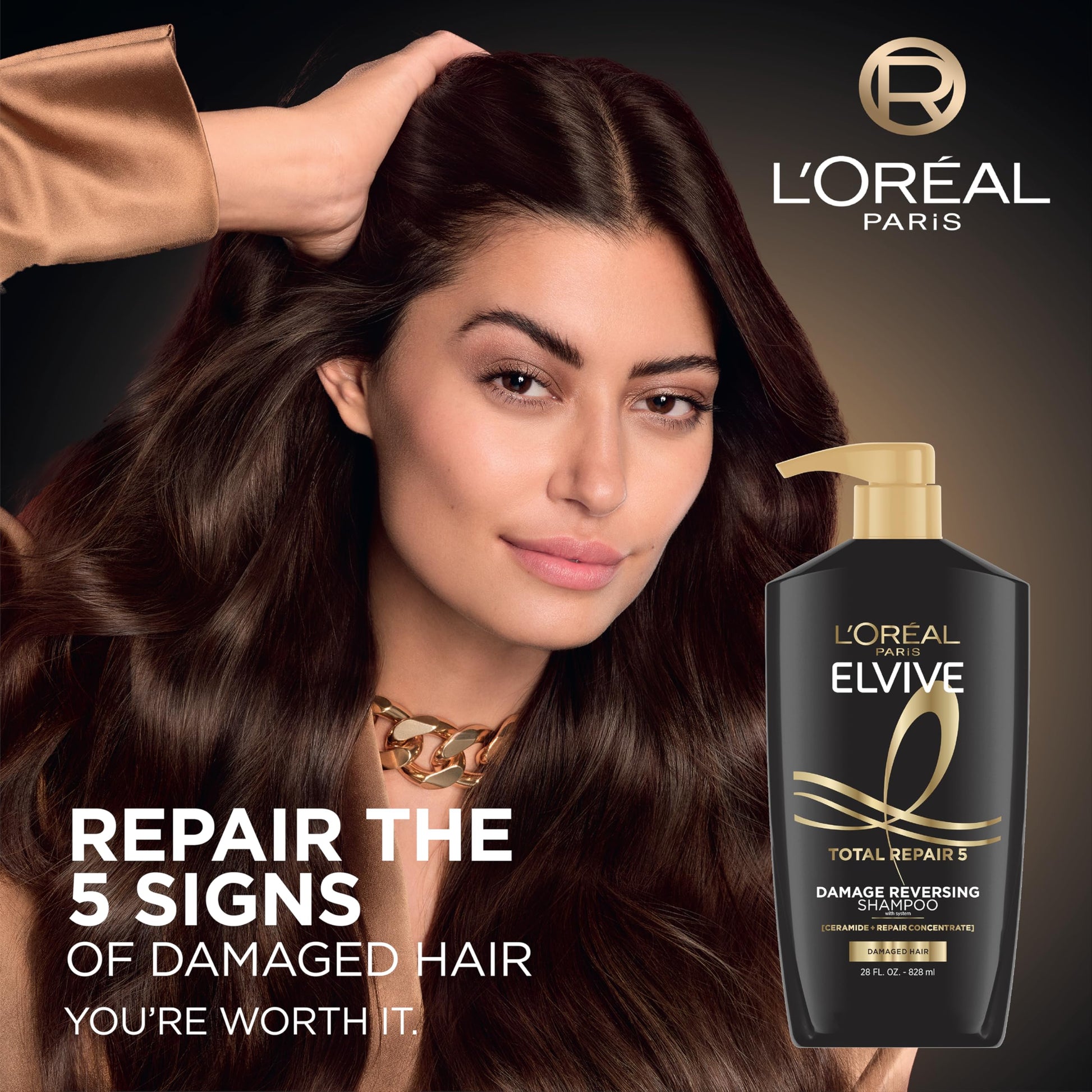 Black L'Oreal Paris Elvive Total Repair 5 Repairing Shampoo and Conditioner for Damaged Hair, 28 Ounce (Set of 2)