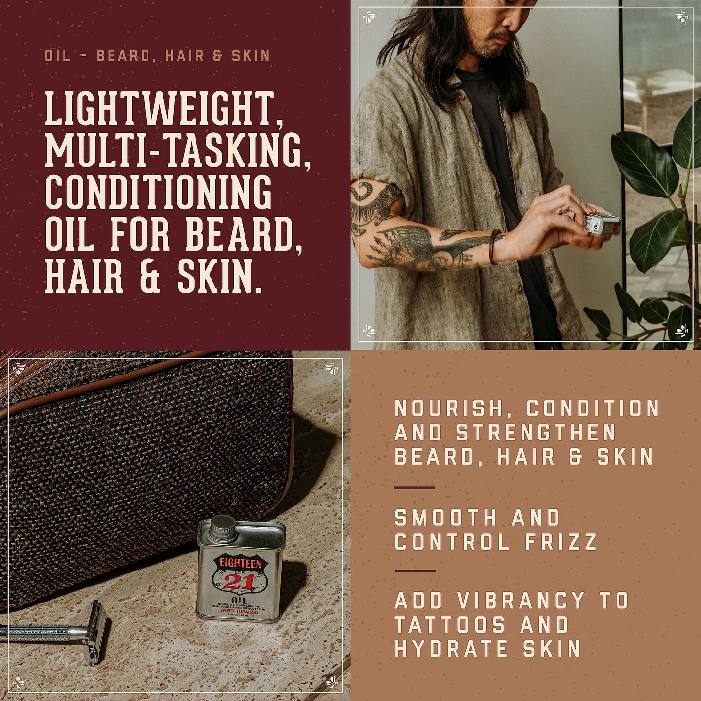 Sienna 18.21 Man Made Hair, Skin & Beard Oil for Men Sweet Tobacco Scent - Non-Greasy, Conditioning Balm with Castor Seed, Jojoba, and Argan Oils - Premium Tattoo and Mustache Care Products 2oz