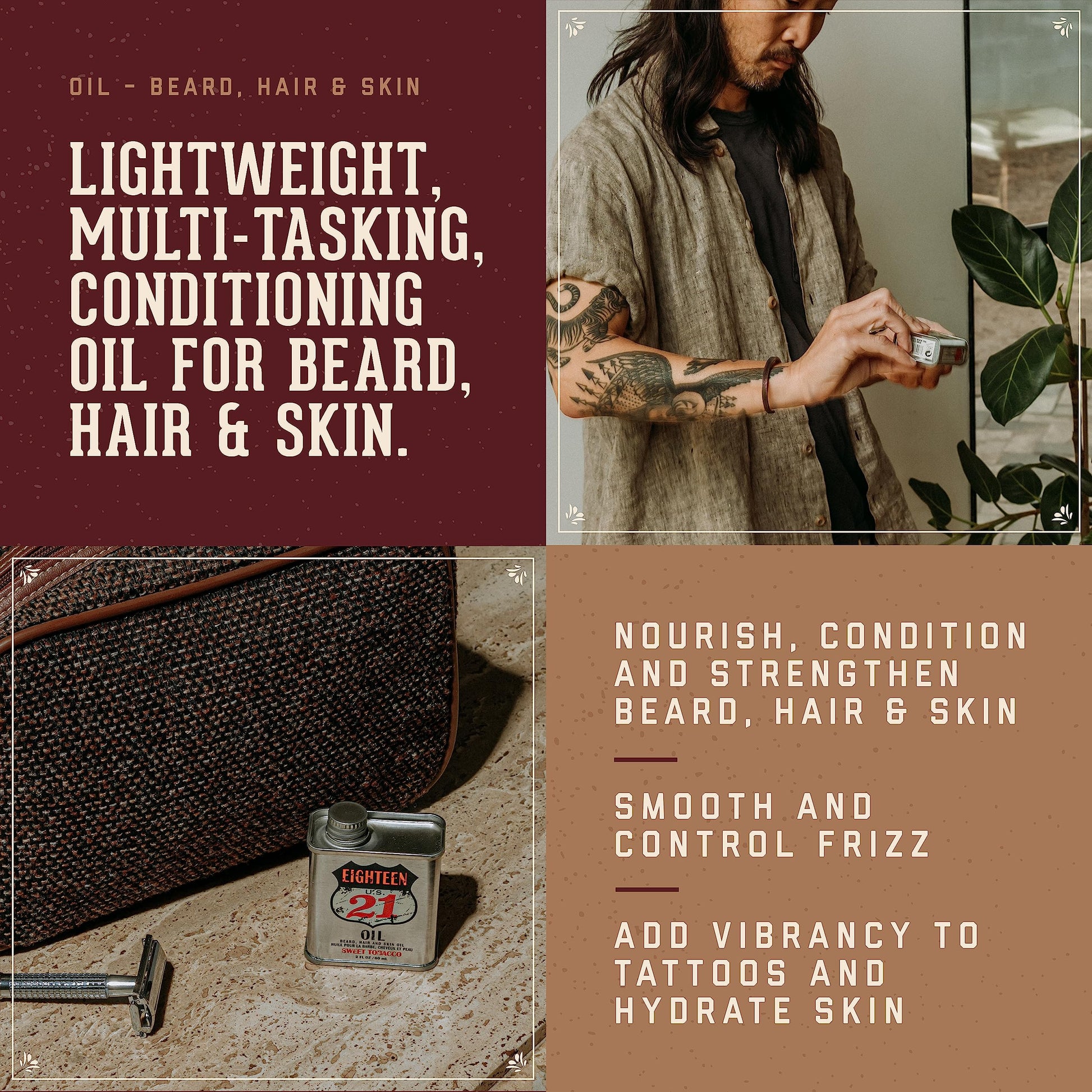 Sienna 18.21 Man Made Hair, Skin & Beard Oil for Men Sweet Tobacco Scent - Non-Greasy, Conditioning Balm with Castor Seed, Jojoba, and Argan Oils - Premium Tattoo and Mustache Care Products 2oz