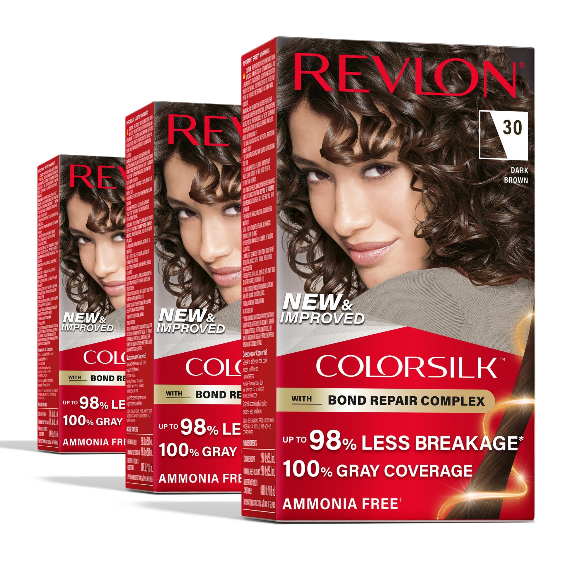 White Smoke Revlon ColorSilk with Bond Repair Complex, Brown Permanent Hair Color, 100% Gray Coverage, Ammonia Free Hair Dye, Vegan Keratin, 30 Dark Brown (Pack of 3)