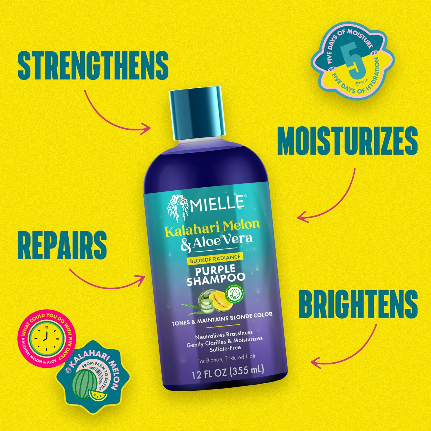 Gold Mielle Kalahari Melon & Aloe Vera Purple Shampoo, Blonde Radiance Toning Shampoo for Brassy Hair, Sulfate-Free Moisturizing Cleanser for Blonde & Textured Hair, 12 Ounce