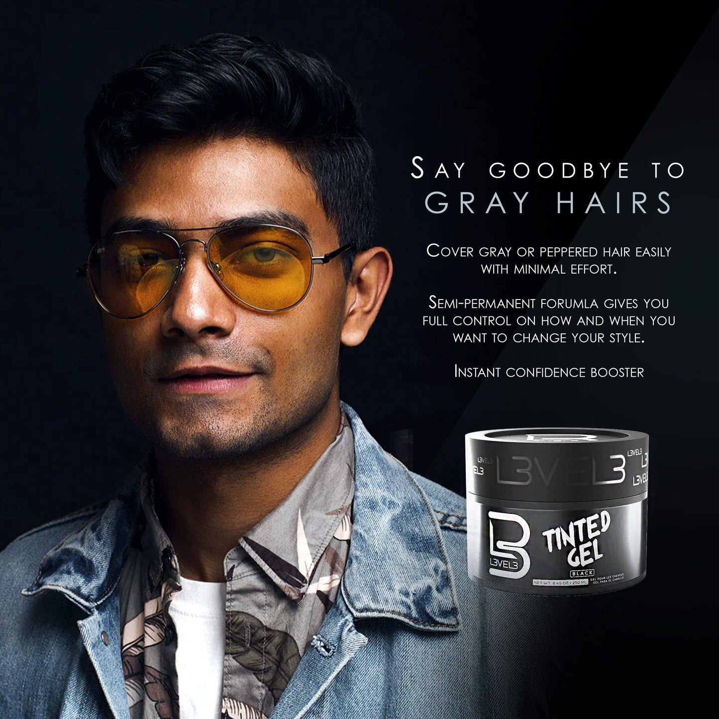Black L3 Level 3 Black Tinted Hair Gel – Cover Grays Instantly & Style with Strong Hold | Adds Volume, Texture & Shine | Semi-Permanent, Flake-Free Formula