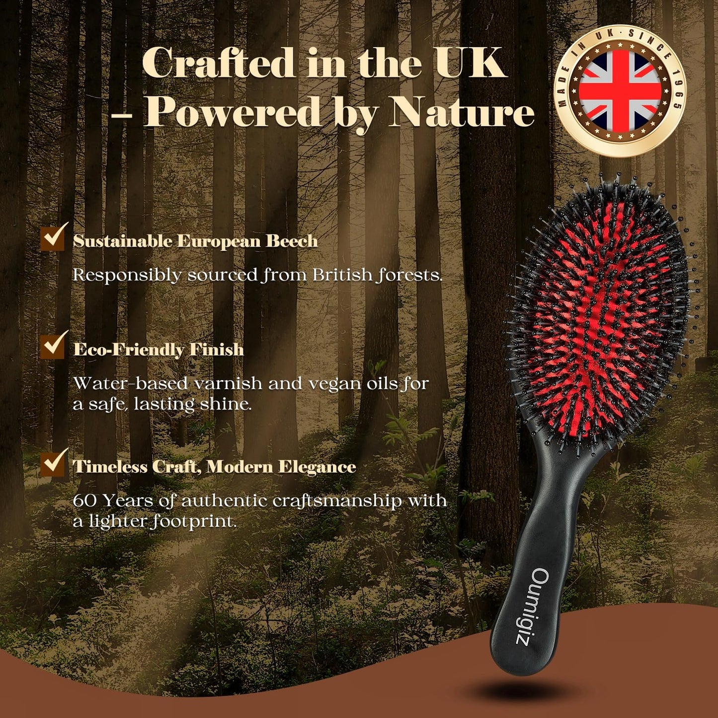 Black OUMIGIZ Boar Bristle Hair Brush Since 1965 British Craftsmanship, Handmade Natural Wood Slick Back Hairbrush, Soft Bristles Gentle Detangling Smoothing Women Men Kids Long Curly Thick,Thin, Fine Hair