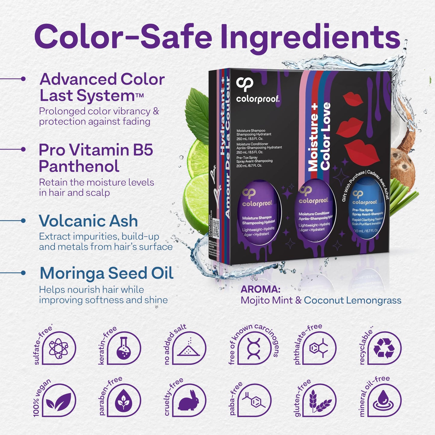 White Smoke Colorproof Moisture Haircare Gift Set Bundle - Shampoo (8.5Fl Oz.), Conditioner (8.5FL. Oz.) & Pre-Tox Spray (6.7FL. Oz.) for Color-Treated Hair