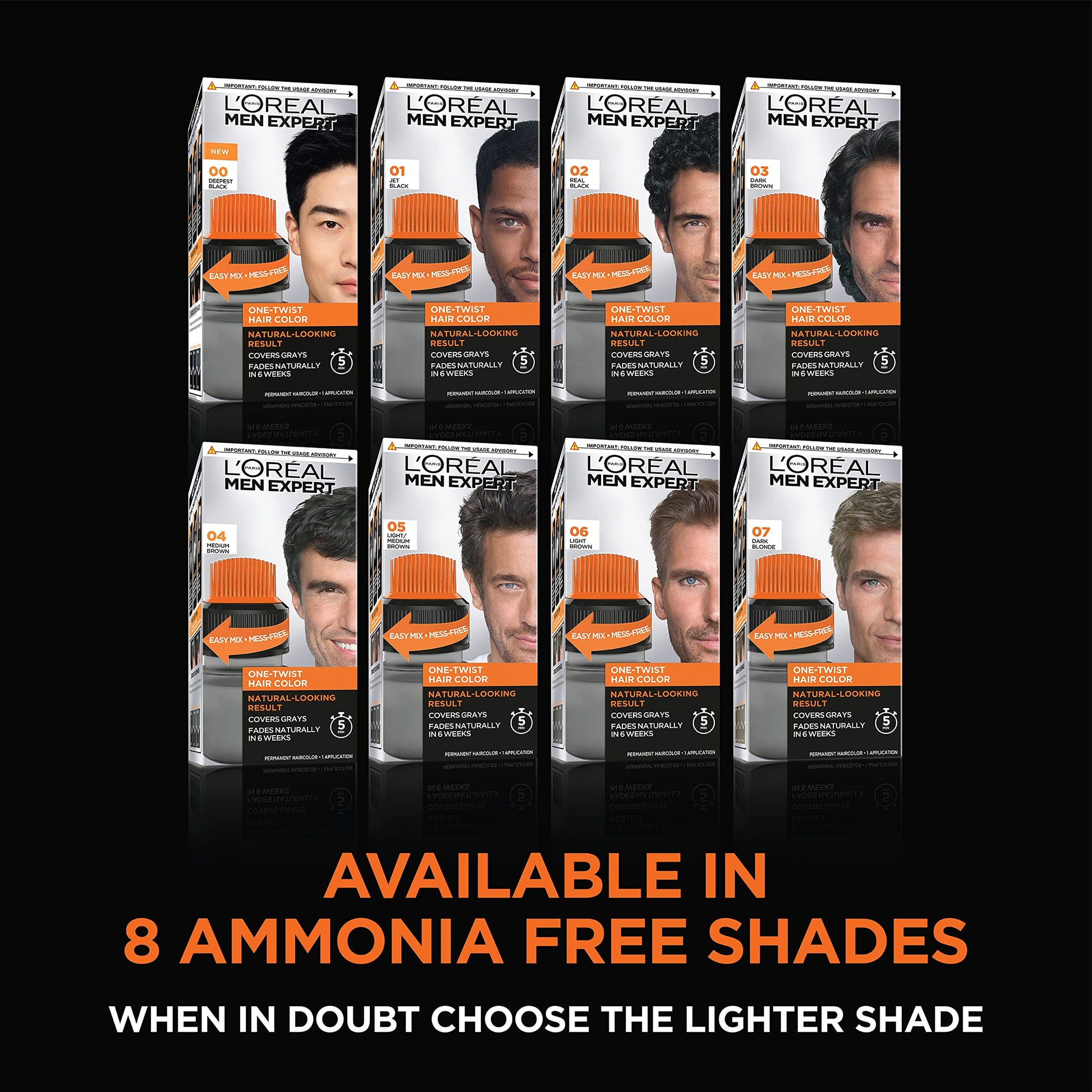 Black L’Oreal Paris Men Expert One Twist Mess Free Permanent Hair Color, Mens Hair Dye to Cover Grays, Easy Mix Ammonia Free Application, Real Black 02, 1 Application Kit
