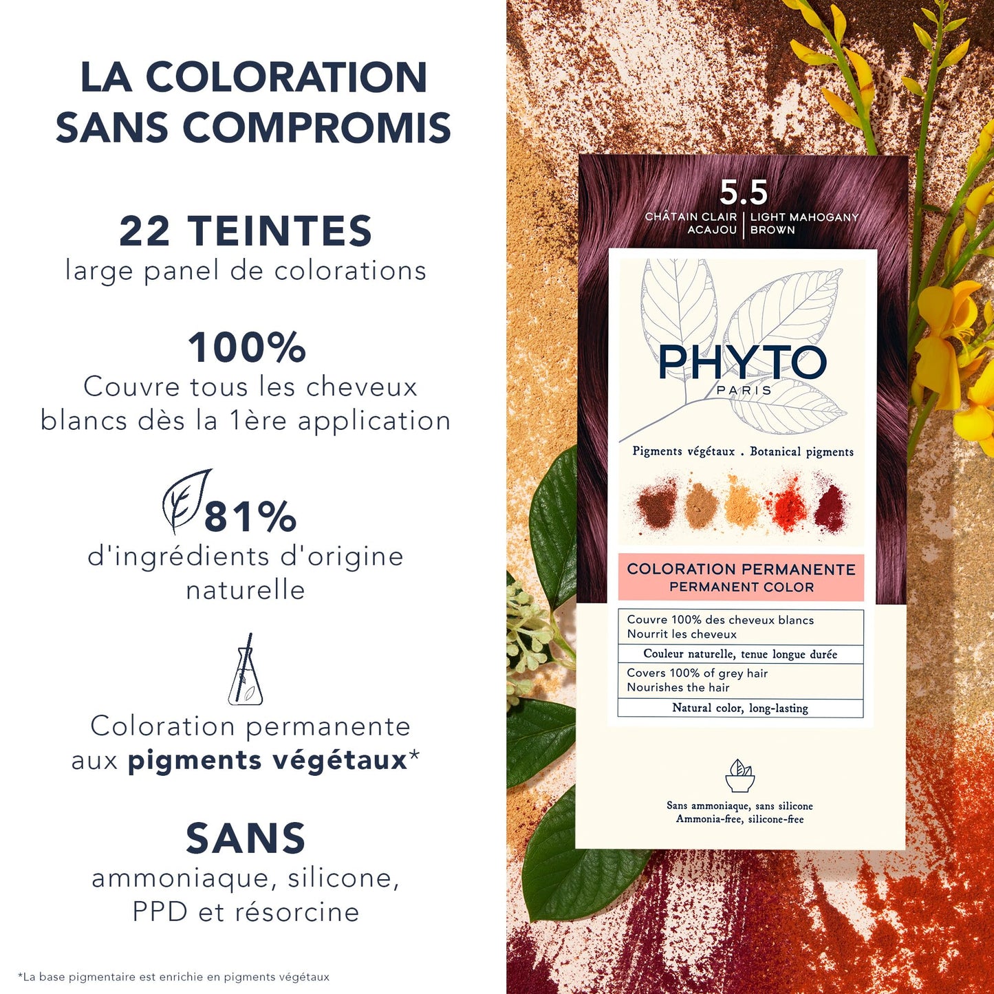 White Smoke Phytocolor Permanent Hair Color, 5.5 Very Light Mahogany Brown, with Botanical Pigments, 100% Grey Hair Coverage, Ammonia-free, PPD-free, Resorcin-free