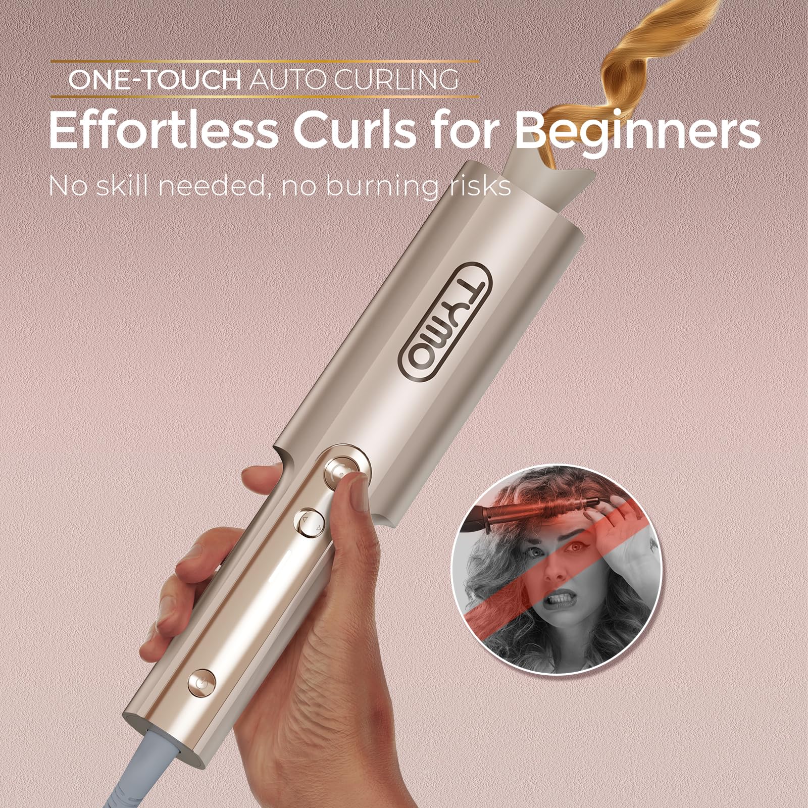 Gray TYMO CurlPro Plus Automatic Rotating Curling Iron - Upgraded Long Barrel Curling Wand for Long Hair, Ceramic Hair Curler for Women, Anti-Scald, Tangle-Free, 600M Ionic, Dual Voltage, Gold, 1 Inch