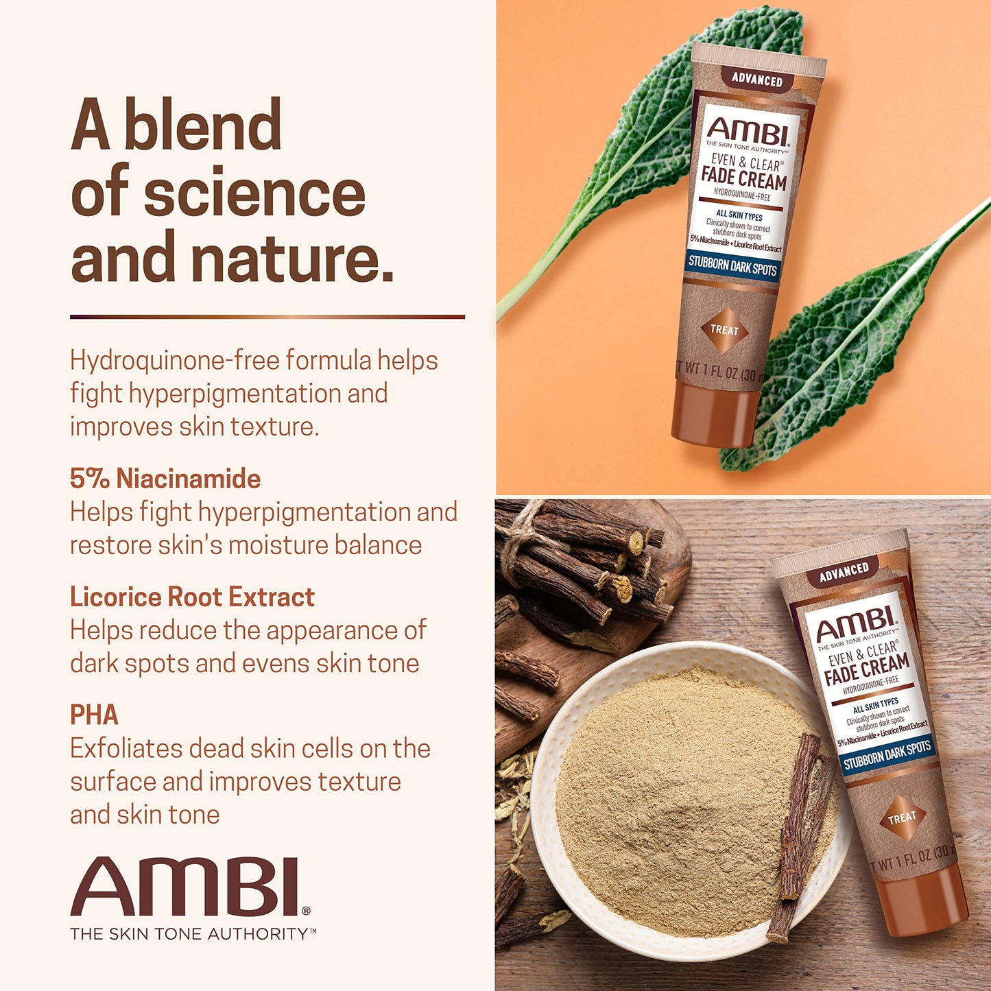 Seashell Ambi Even & Clear Advanced Fade Cream, Hydroquinone-free, Hyperpigmentation Treatment, Stubborn Dark Spot Corrector, Results In As Little As 2-3 Weeks, Niacinamide, Licorice Root Extract, PHA, 1 Fl Oz