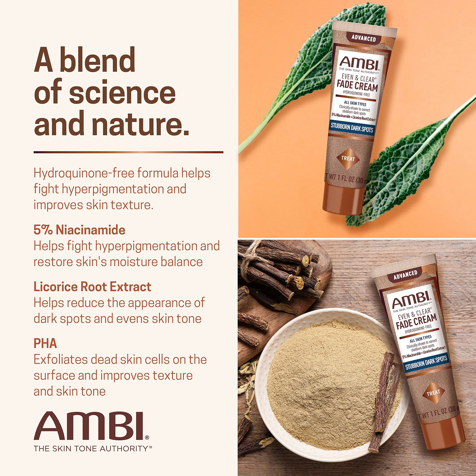 Seashell Ambi Even & Clear Advanced Fade Cream, Hydroquinone-free, Hyperpigmentation Treatment, Stubborn Dark Spot Corrector, Results In As Little As 2-3 Weeks, Niacinamide, Licorice Root Extract, PHA, 1 Fl Oz