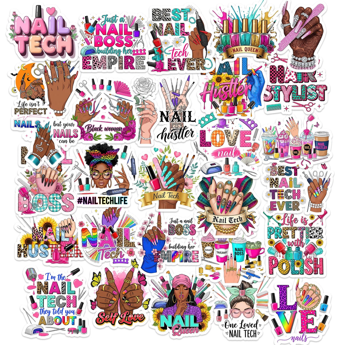 White Smoke 30pcs Nail Tech Stickers for Nail Artists, Manicure Vinyl Stickers Self Care Manicure Nail Polish Stickers for Salon Decor, Laptop, Planner, Cup, Nail Hustler Gifts for Women and Teens
