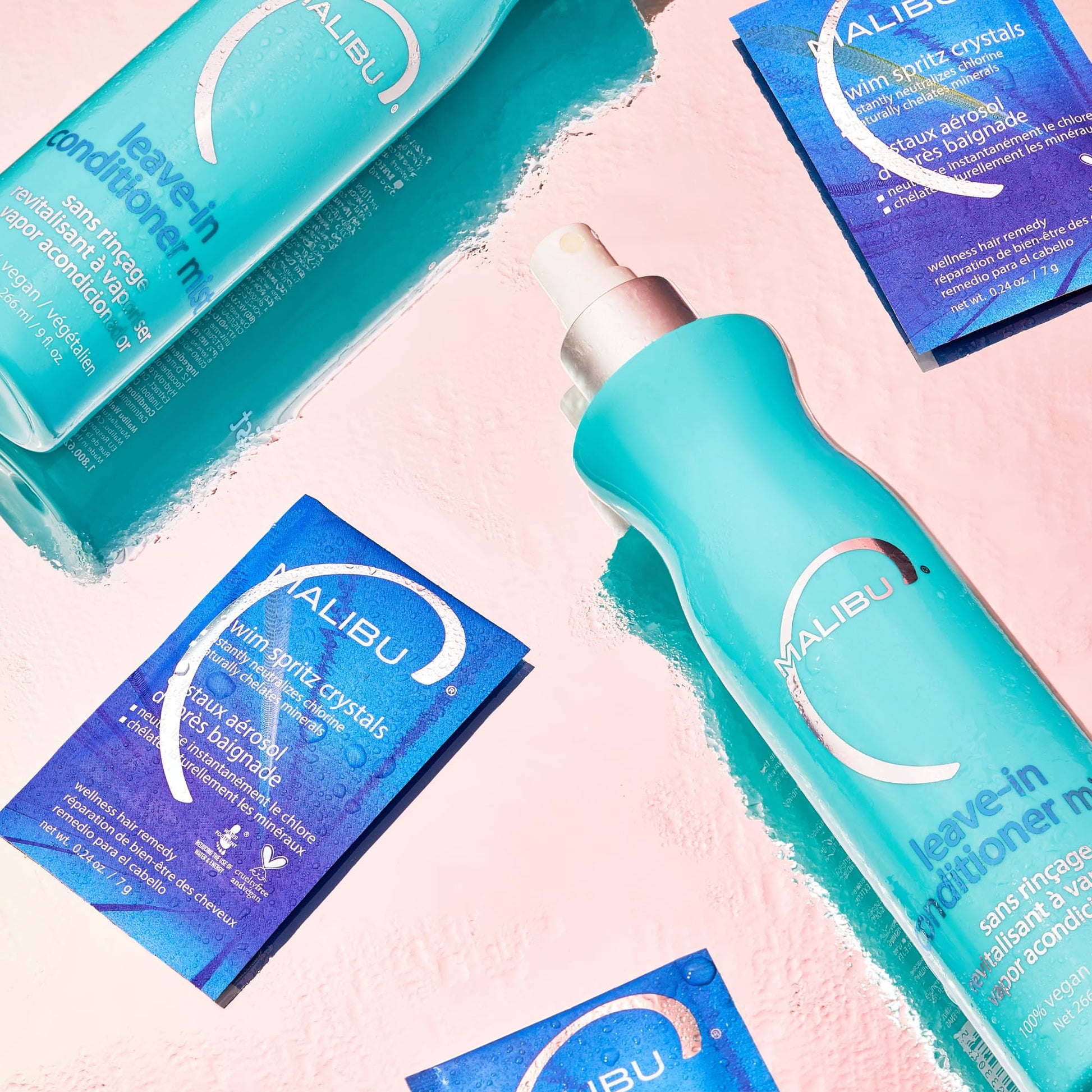 Misty Rose Malibu C Swim Spritz Crystals (1 Packet) - Contains Vitamin C to Eliminate Chlorine from Skin & Hair Post Swim - Non-Irritating Chlorine Neutralizer for Hair + Skin