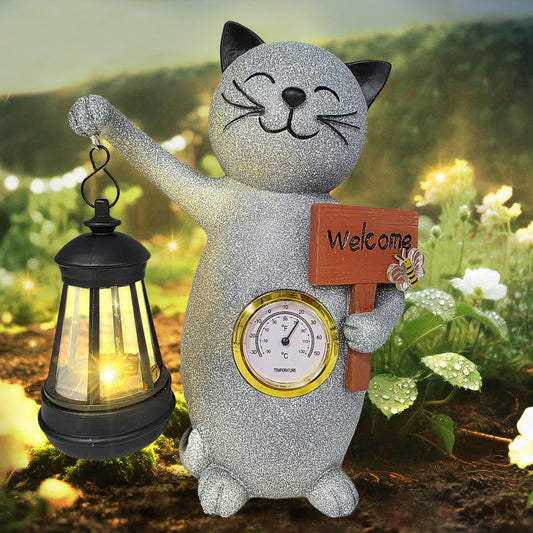 Dark Gray Rose Manor Solar Cat Outdoor Statues for Garden-Creative Thermometer-Lantern-Welcome Sign, Suitable for Yard Art, Lawn Ornaments, Porch, Terrace, Alcove, Home, House Outdoor, Cat Garden Decoration