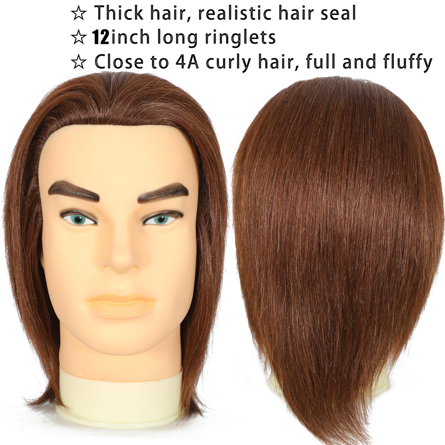 White Smoke simnient Male mannequin Head 12" Barber Training Head with 100% Real Human Hair,Hairdresser training Doll manikin Head for Practicing Haircut Hair Styling With Clamp Stand
