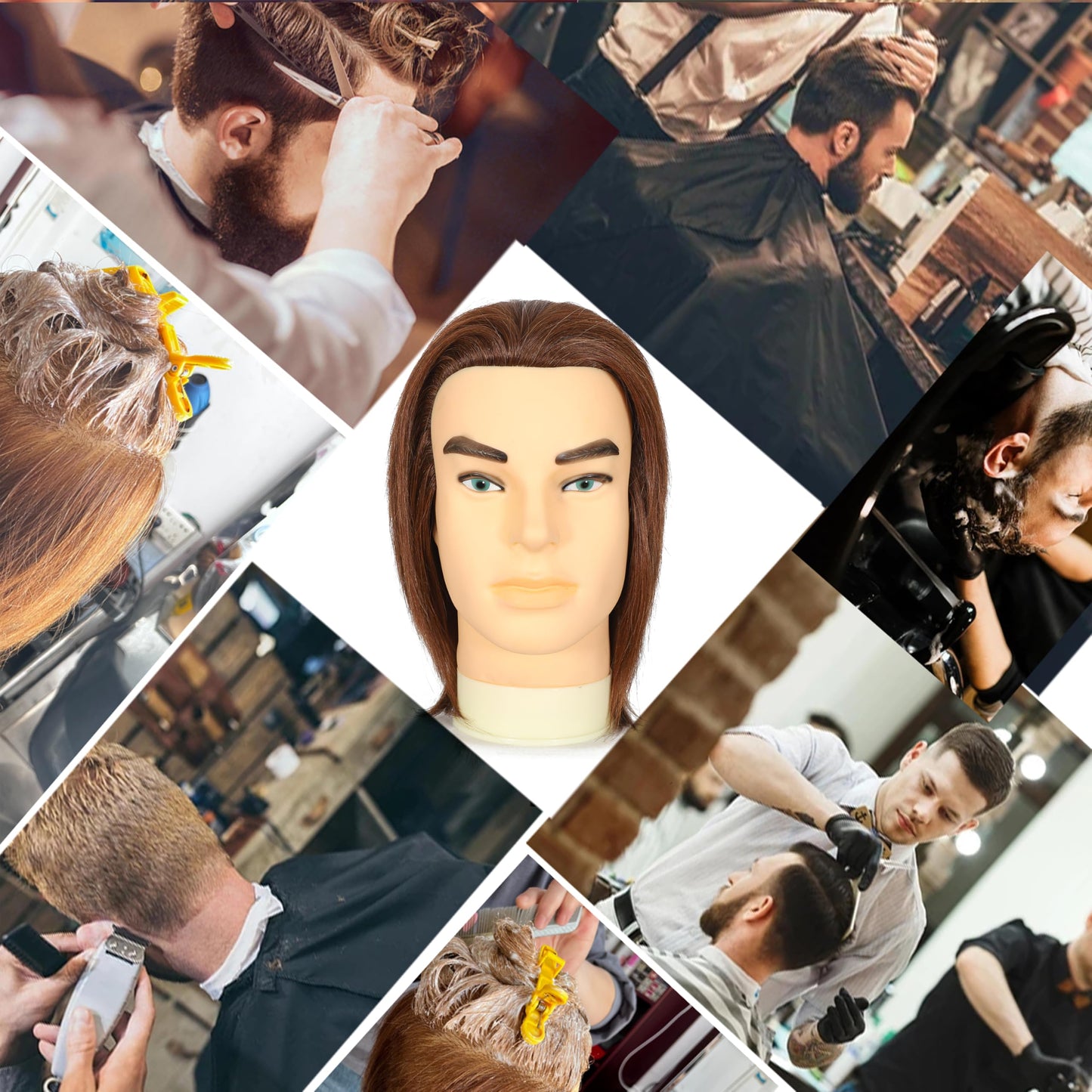 White Smoke simnient Male mannequin Head 12" Barber Training Head with 100% Real Human Hair,Hairdresser training Doll manikin Head for Practicing Haircut Hair Styling With Clamp Stand
