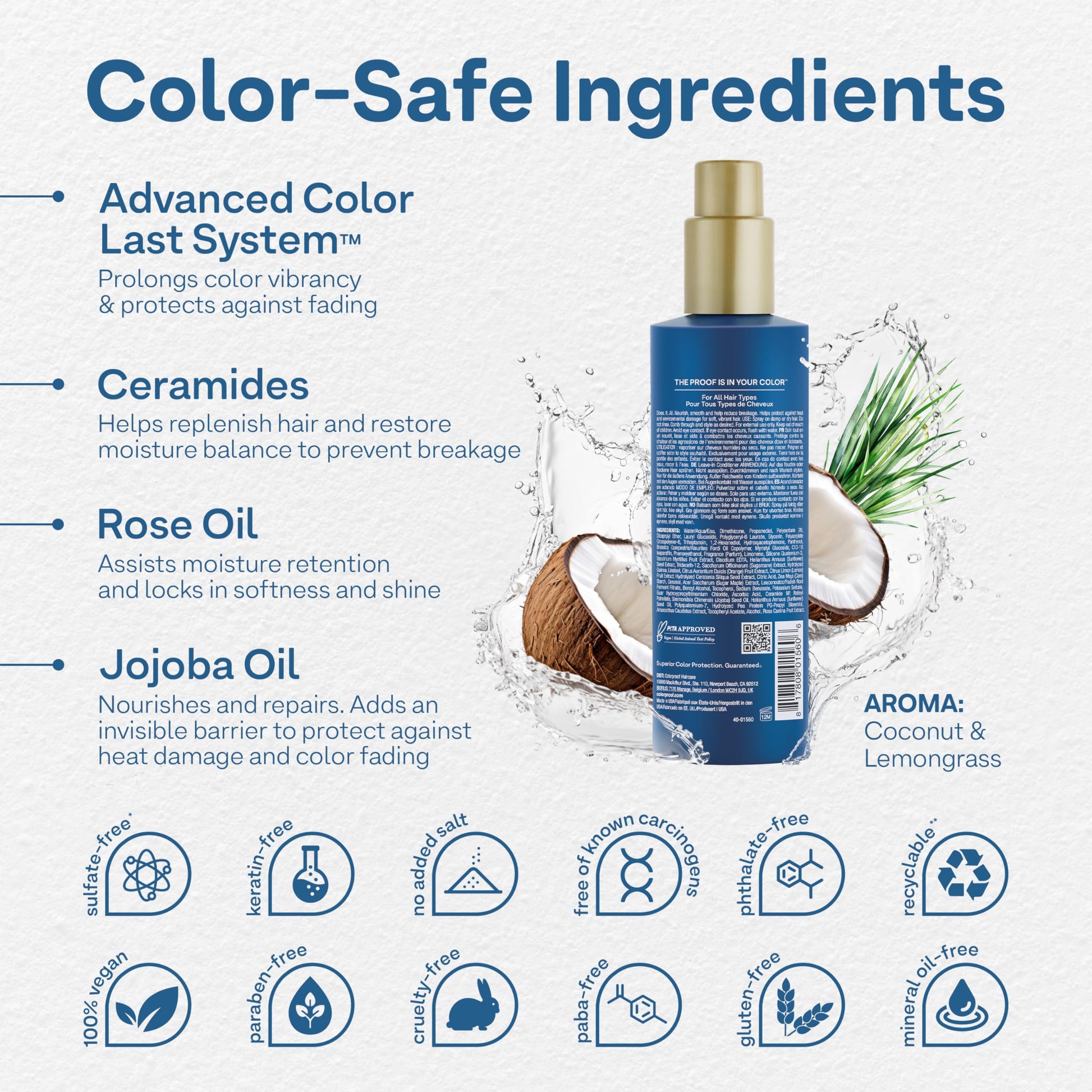 Lavender Colorproof Leave-In Treatment Spray 8.5 Fl. Oz. Heat Protection Spray for Hair, Smoothing and Detangling Spray with Color Protection, Coconut & Lemongrass Scent