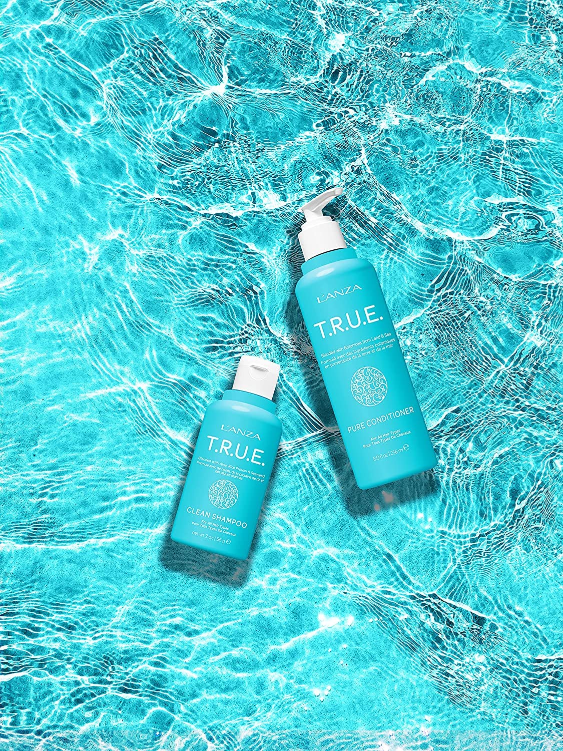Turquoise L'ANZA T.R.U.E. Clean Sustainable Shampoo - Rich with Aloe Vera and Rice Protein, Color Safe Daily Hair Care, Fragrance-Free, for Fresh Clean Hair (2 Fl Oz)