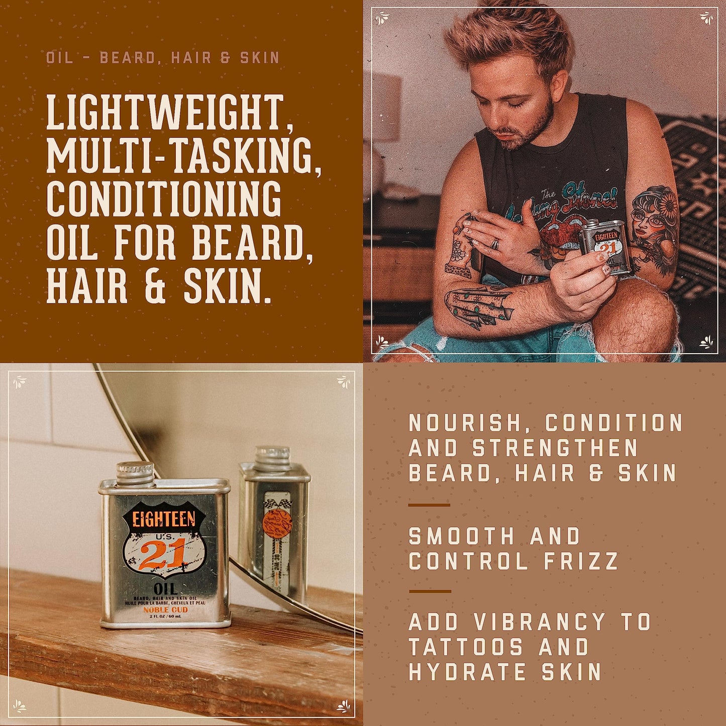 Sienna 18.21 Man Made Man Sweet Tobacco & Spiced Vanilla Beard, Hair & Skin Oil 2-Set Bundle, All Hair & Skin Types for Men, Strengthens and Moisturizes in a Manly Aroma