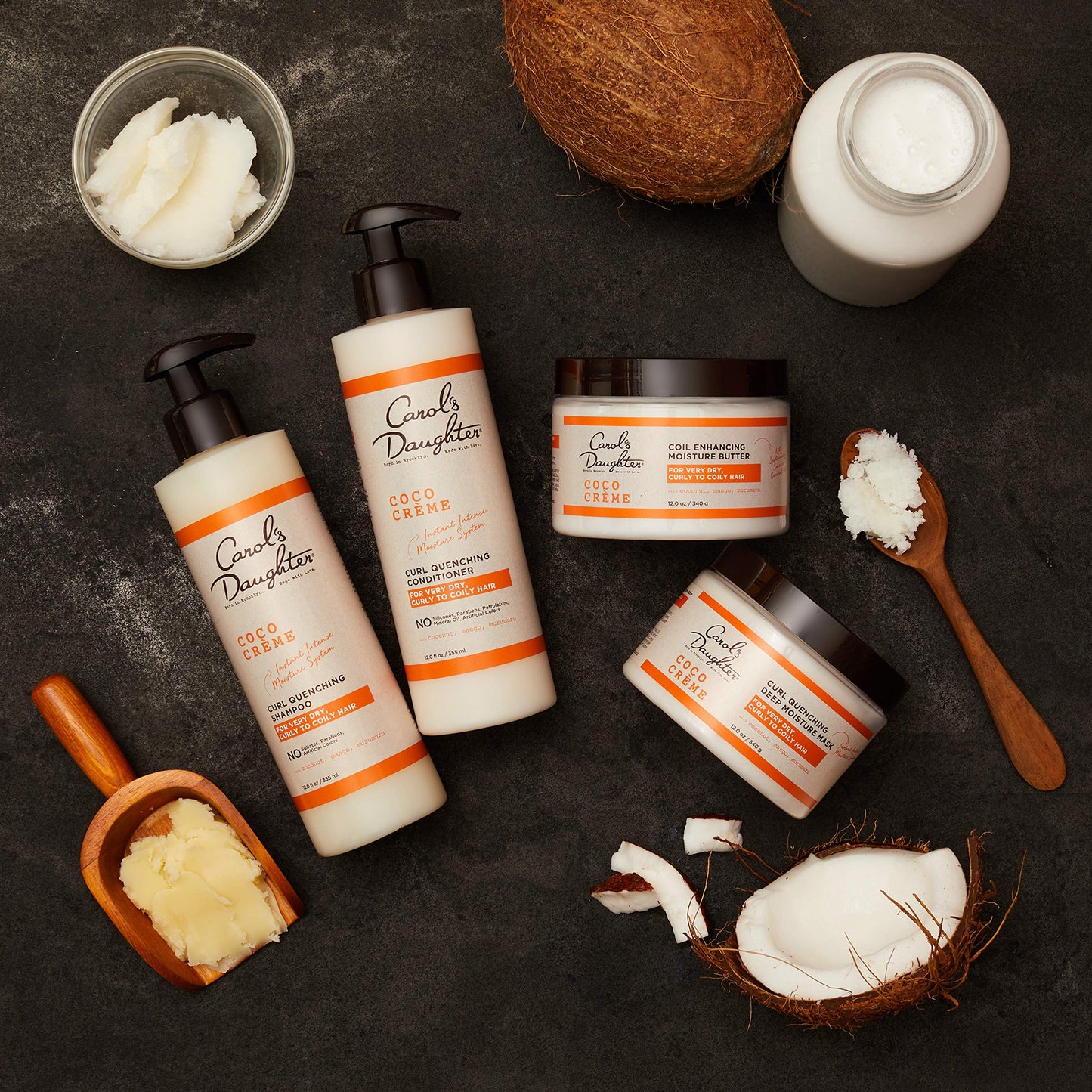 Black Carol’s Daughter Coco Creme Sulfate Free Shampoo and Conditioner Set with Silicone Free Hair Butter, for Very Dry Curly Hair, with Coconut Oil and Mango Butter