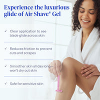 Woman using Air Shave Gel with product features listed on a white background