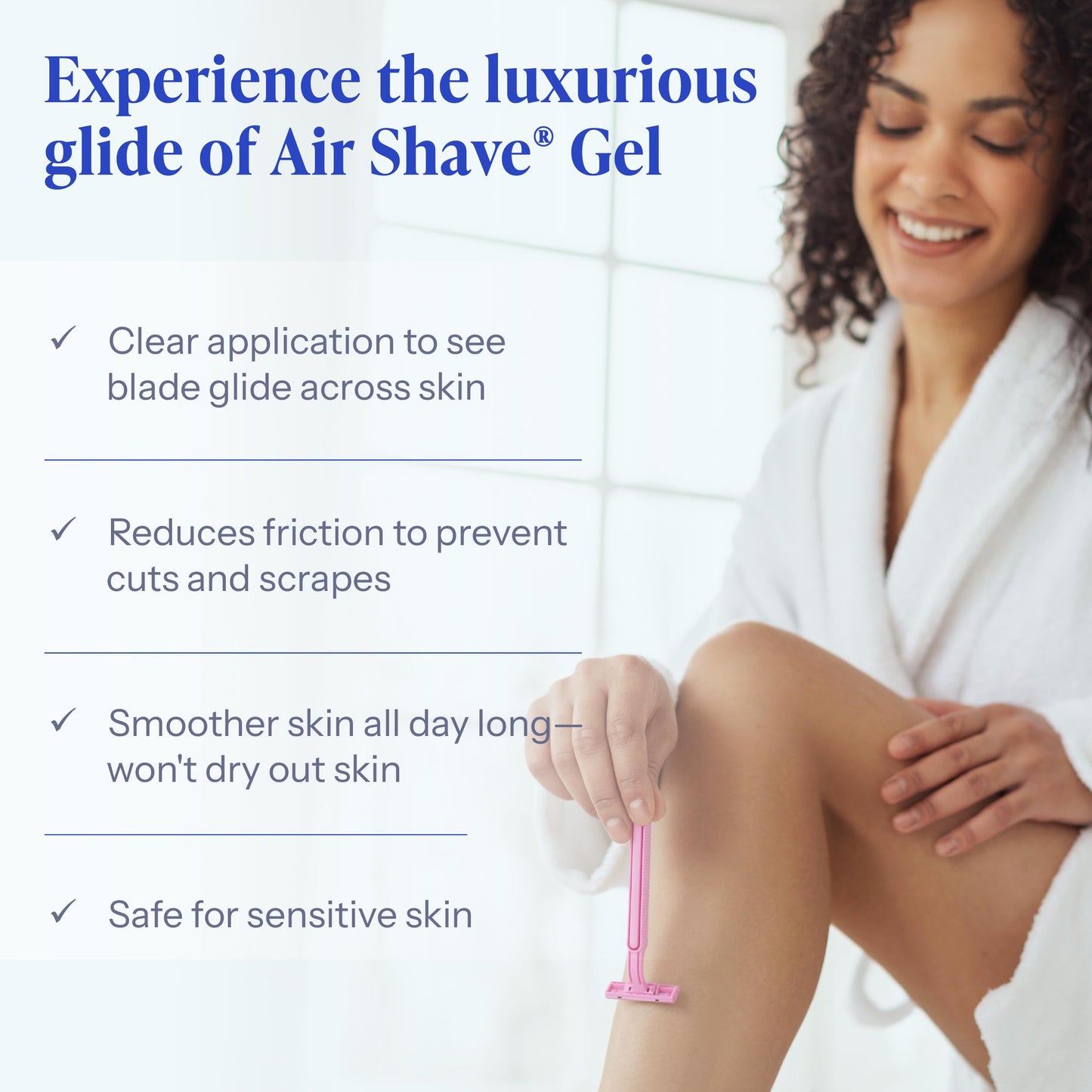Woman using Air Shave Gel with product features listed on a white background