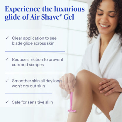 Woman using Air Shave Gel with product features listed on a white background